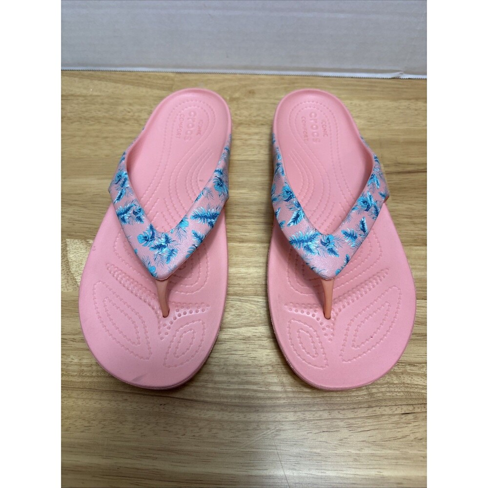 Croc Kadee II Flip Flop Woman Size 10 Tropical Coral Teal Print Thong Slip On